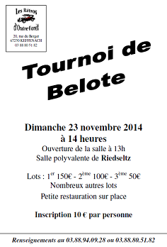 Affiche du tournoi de belote organisé dimanche 23 novembre 2014 à Riedseltz.