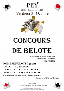 Affiche du concours de belote organisé le 31 octobre 2014 à Pey (40).