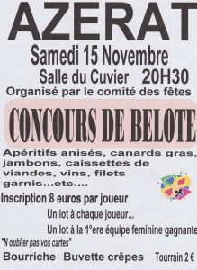 Affiche du concours de belote organisé le 15 novembre 2014 à Azerat.