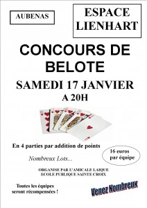 Affiche du concours de belote organisé le 17 janvier 2015 à Aubenas, en Ardèche (07).