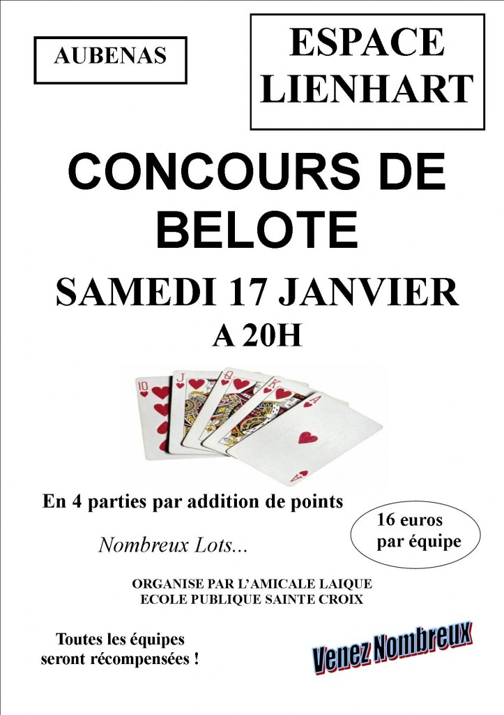 Affiche du concours de belote organisé le 17 janvier 2015 à Aubenas, en Ardèche (07).