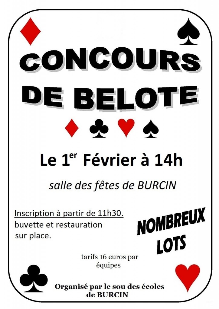 Affiche du concours de belote organisé dimanche 1er février 2015 à Burcin, en Isère (38).