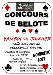 Affiche du concours de belote organisé samedi 24 janvier 2015 à Belleville sur Vie, en Vendée (85).