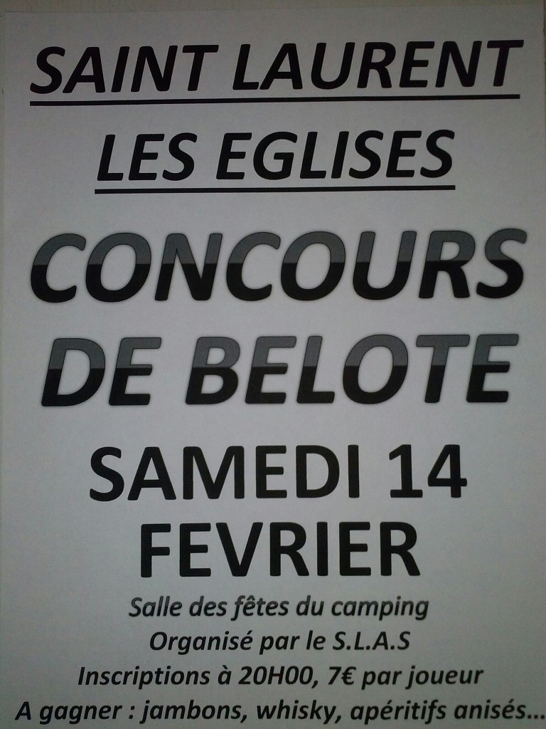 Affiche du concours de belote organisé samedi 14 février 2015 à Saint Laurent Les Eglises, en Haute Vienne (87).