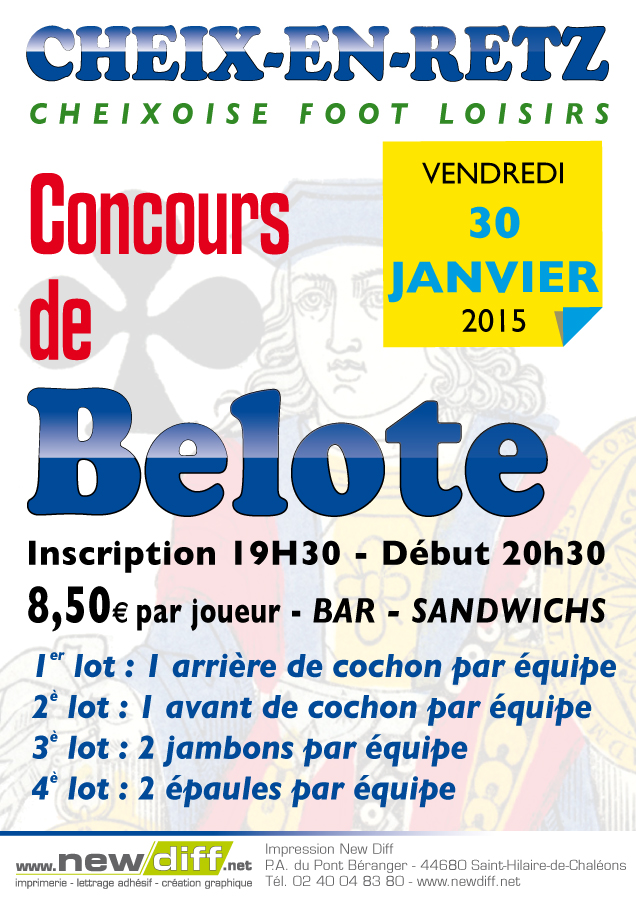 Affiche du concours de belote organisé vendredi 30 janvier 2015 à Cheix en Retz, en Loire Atlantique (44).