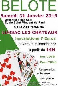 Affiche du concours de belote organisé samedi 31 janvier 2015 à Lussac Les Châteaux, dans la Vienne (86).