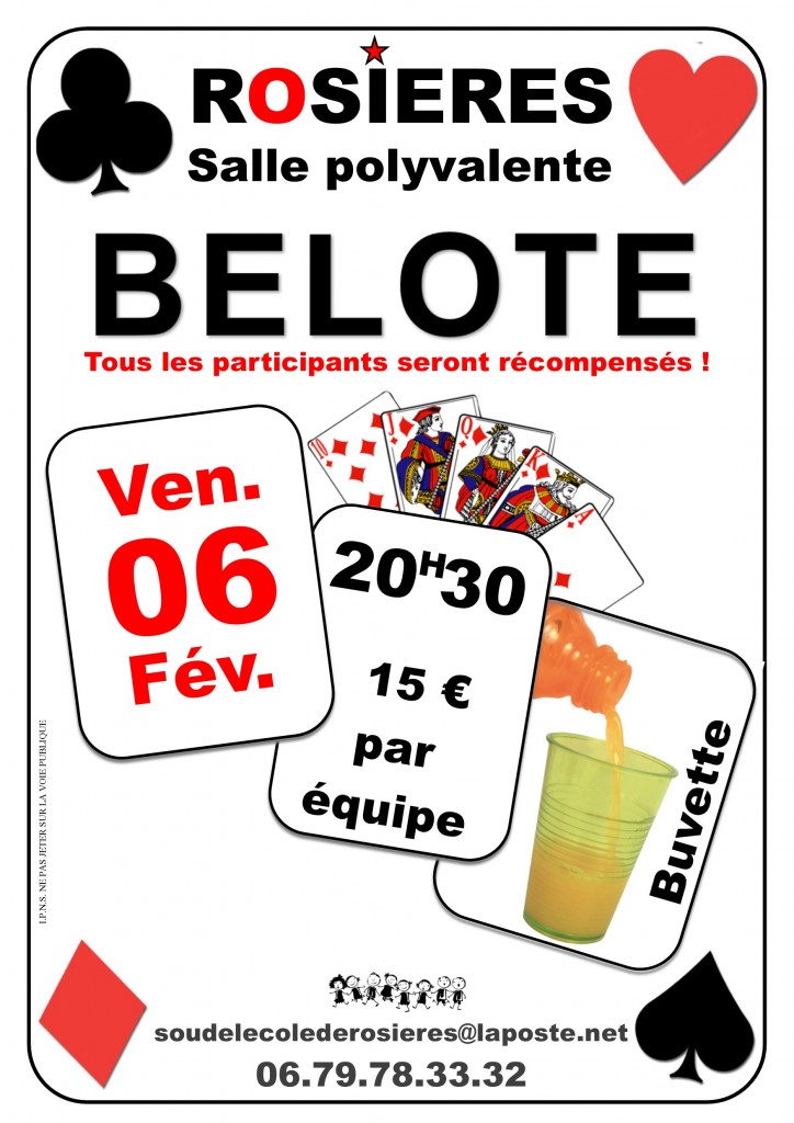 Affiche du concours de belote organisé vendredi 6 février 2015 dans la commune de Rosières, en Ardèche (07).