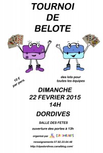 Affiche du concours de belote organisé dimanche 22 février 2015 à Dordives, dans le Loiret (45).