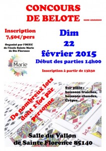 Affiche du concours de belote organisé dimanche 22 février 2015 à Sainte Florence, en Vendée (85).