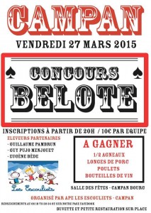 Afiche du concours de belote organisé vendredi 27 mars 2015 dans la commune de Campan, dans les Hautes Pyrénées (65).