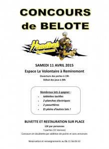 Affiche du concours de belote organisé samedi 11 avril 2015 à Remiremont, dans les Vosges (88).