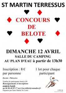 Affiche du concours de belote organisé dimanche 12 avril 2015 dans la commune de Saint Martin Terressus, en Haute VIenne (87).