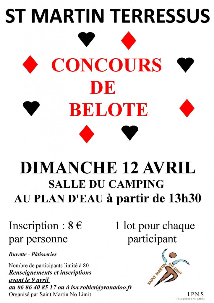 Affiche du concours de belote organisé dimanche 12 avril 2015 dans la commune de Saint Martin Terressus, en Haute VIenne (87).