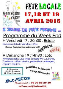 Affiche de la fête à Arcins, en Gironde (33), au cours de laquelle sera organisé un concours de belote.
