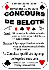 Affiche des concours de belote organisés les samedi 30 et dimanche 31 août 2015 à Noyelles Sous Lens, dans le Pas de Calais (62).