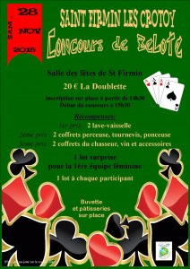 Affiche du concours de belote organisé samedi 28 novembre 2015 à Saint Firmin Les Crotoy, dans la Somme.
