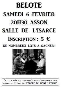 Affiche de la Soirée belote samedi 6 février 2016 à Asson - Pyrénées Atlantiques