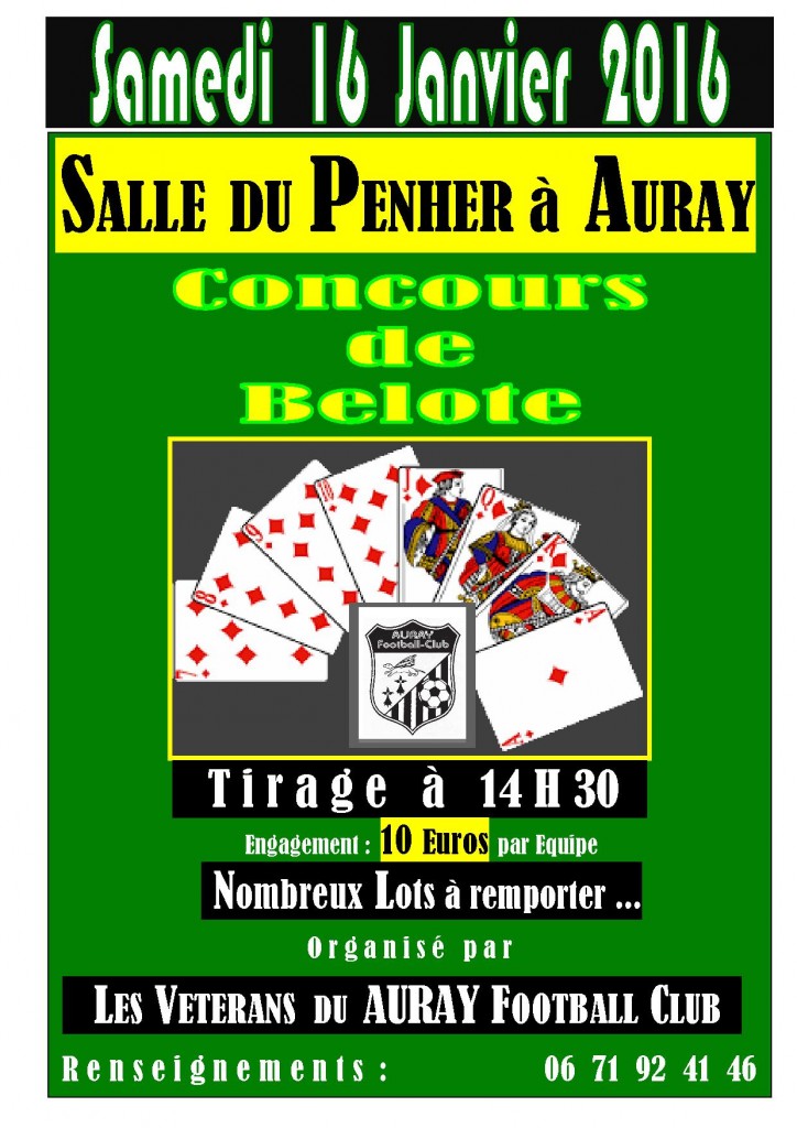Concours de belote organisé par la section Vétérans du Auray Football Club samedi 16 janvier 2016 dans la Salle du Penher à Auray, dans le Morbihan (56)
