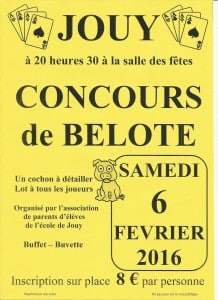 Affiche du Concours de belote samedi 6 février 2016 à Jouy dans l'Yonne (89)