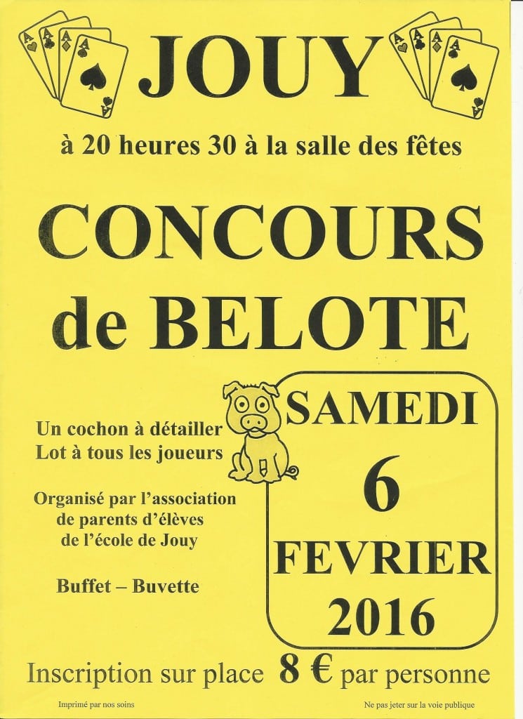 Affiche du Concours de belote samedi 6 février 2016 à Jouy dans l'Yonne (89)