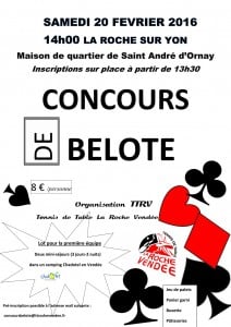 affiche du Concours belote samedi 20 février 2016 à la Roche sur Yon (85)