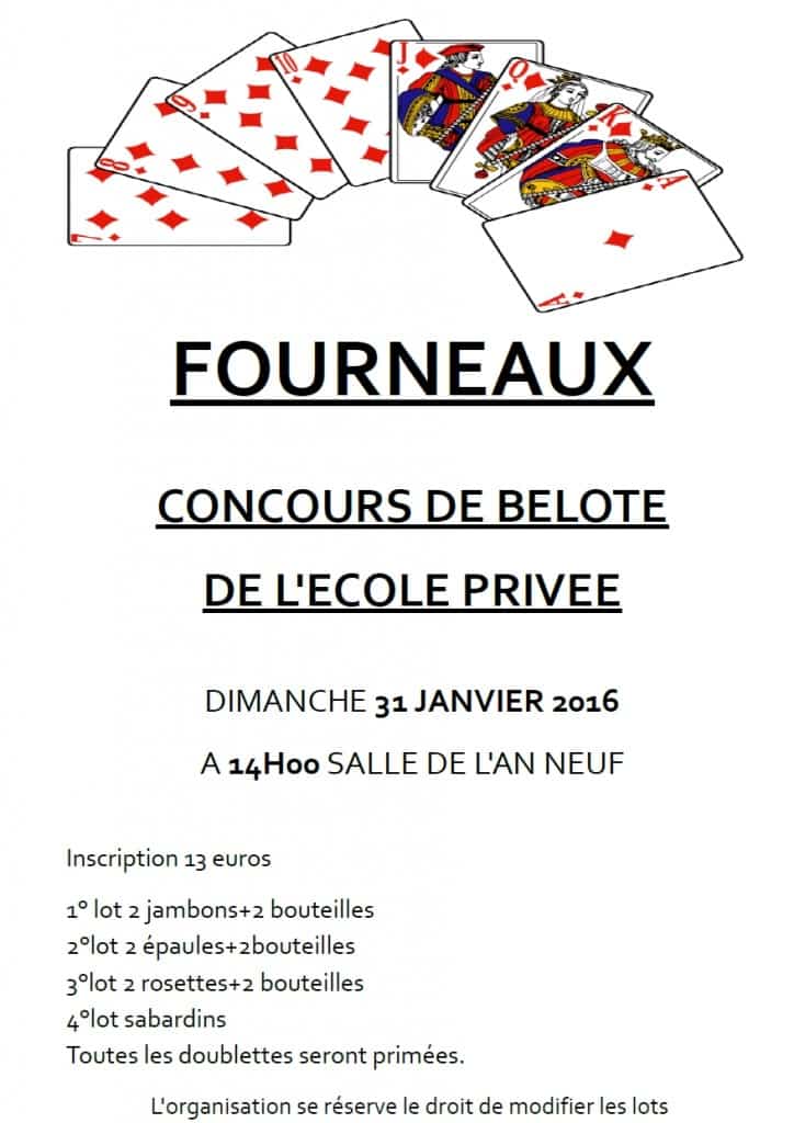 Affiche du Concours de belote organisé à Fourneaux le 31 janvier 2016