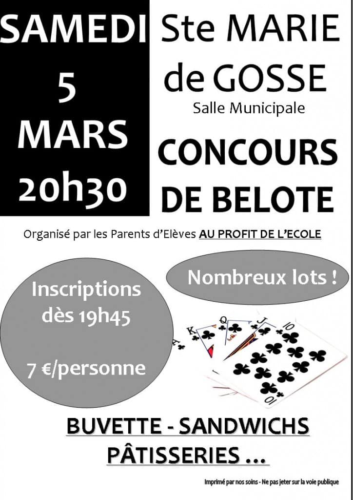 Affiche Concours de belote le samedi 5 mars 2016 à Sainte Marie de Gosse (40390)