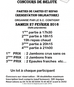 Affiche du concours de belote le 27 février 2016 à Contigny - Allier