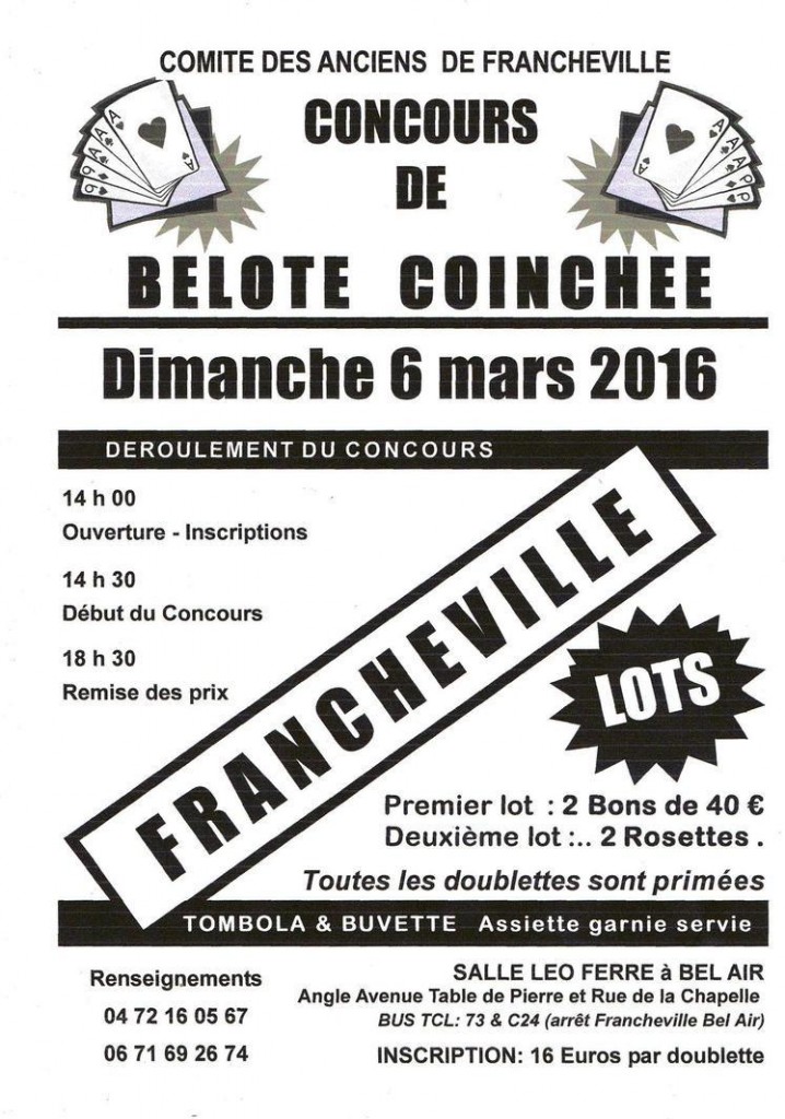 Affiche du concours de belote coinchée le 6 mars 2016 à Francheville Rhone