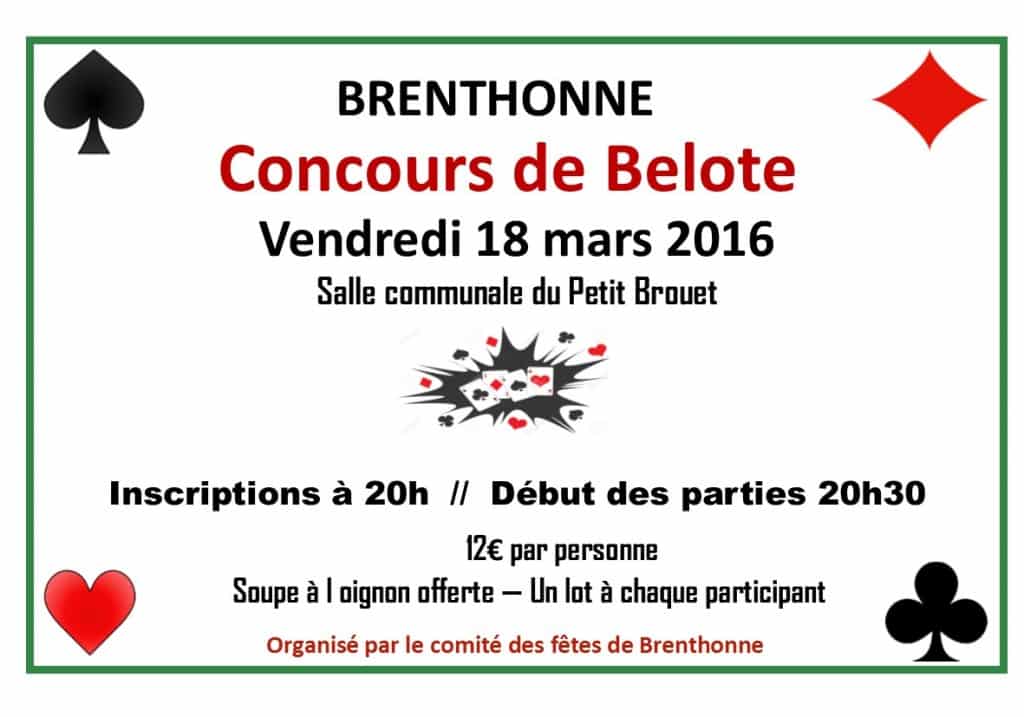 Affiche du concours de Belote vendredi 18 mars 2016 - Brenthonne (74890)