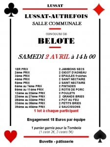 affiche Concours de belote Samedi 2 Avril 20216 à Lussat
