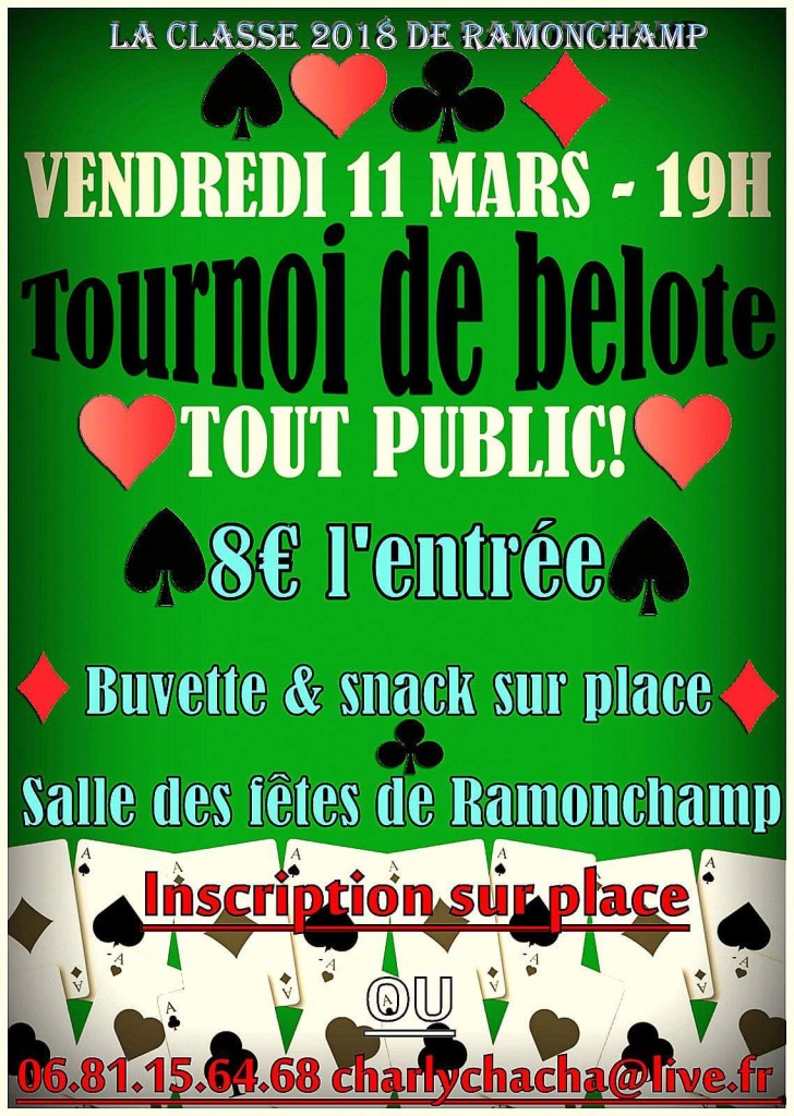 Affiche du tournoi de belote le 11 mars 2016 à Ramonchamp - Vosges