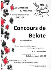 Affiche du Tournoi de belote le 22 mai 2016 à Landser - Haut Rhin