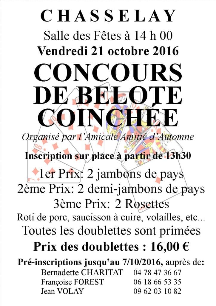Affiche du tournoi de belote organisé vendredi 21 octobre 2016 à Chasselay - Rhône