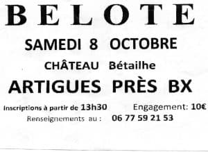 Affiche Concours de belote samedi 8 octobre 2016 à Artigues près de bordeaux