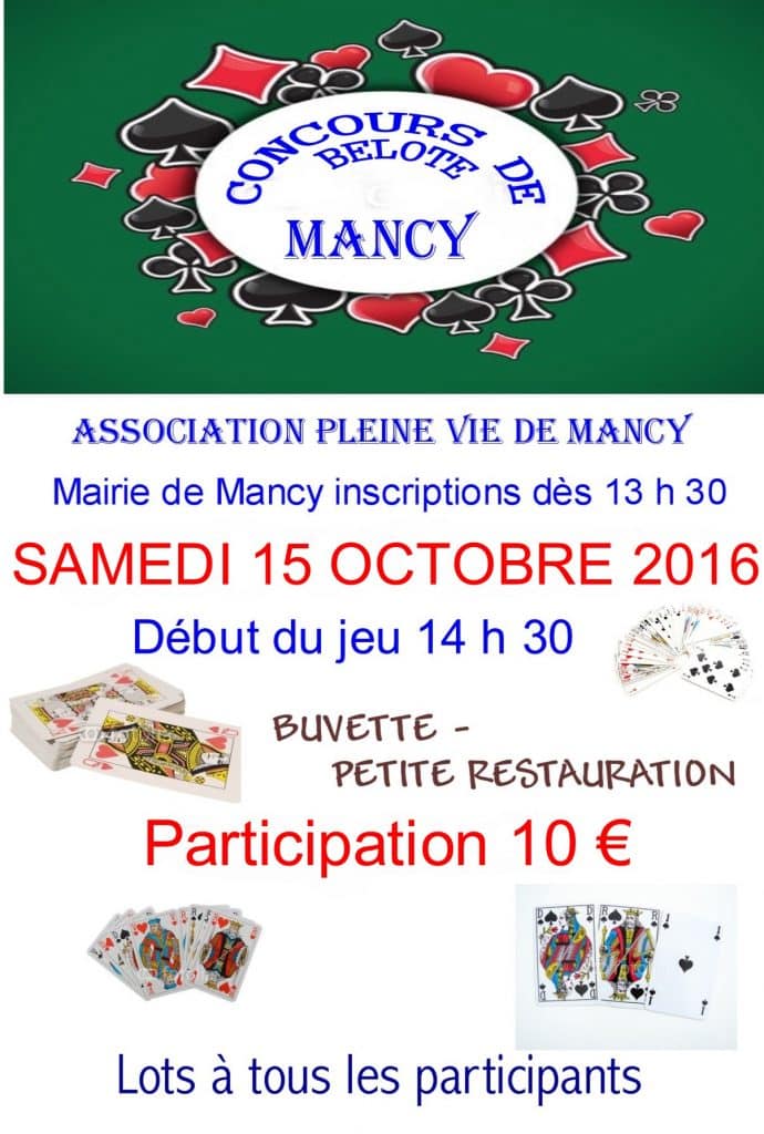 Affiche Tournoi de belote le 15 octobre 2016 à Mancy - Marne