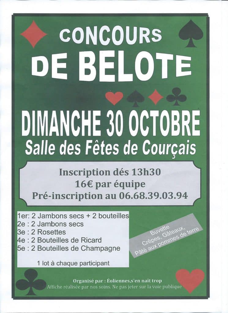 Affiche du concours de Belote le 30 octobre 2016 à Courçais - Allier