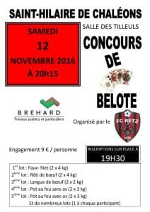 Affiche du concours de belote le 12 Novembre 2016 à Saint-hilaire de Chaléons (44)