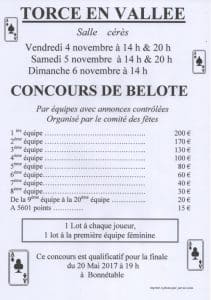 Concours de belote les 4-5-6 Novembre 2016 à Torcé en Vallée