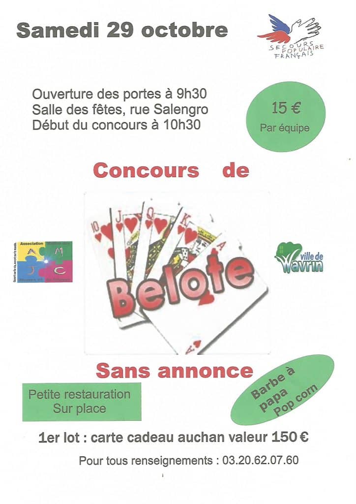Affiche du concours de belote samedi 29 Octobre 2016 à Wavrin - 59