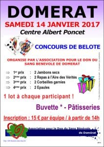 affiche du concours de belote organisé samedi 14 janvier 2017 à Domerat, dans l'Allier