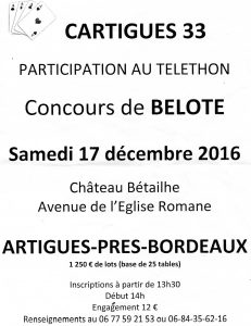Affiche du concours de belote samedi 17 décembre 2016 à Artigues près de Bordeaux