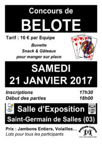 Affiche Tournoi de belote samedi 21 janvier 2017 à 03140 Saint Germain de Salles