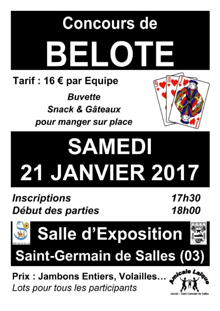 Affiche Tournoi de belote samedi 21 janvier 2017 à 03140 Saint Germain de Salles