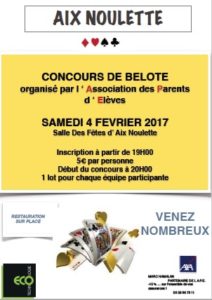 Affiche du Concours de belote le 4 février 2017 à Aix Noulette (62)