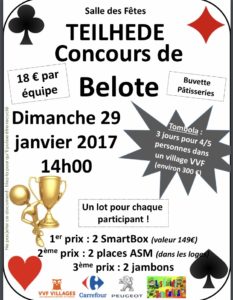Affiche Concours de belote le 29 janvier 2017 à Teilhede