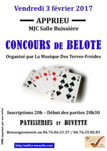 Affiche du Concours de belote le 3 février 2017 à Apprieu - Isère