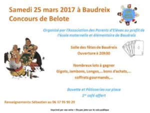 Affiche Concours de belote le 25 mars 2017 à Baudreix - Pyrénées Atlantiques