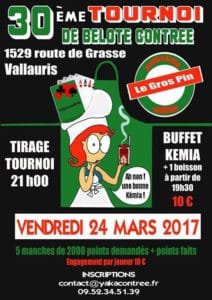 Affiche du tournoi de belote contrée le 24 mars 2017 à Vallauris