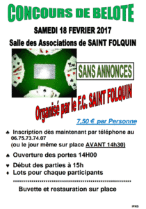 Affiche Concours de belote samedi 18 février 2017 à Saint-Folquin (62)